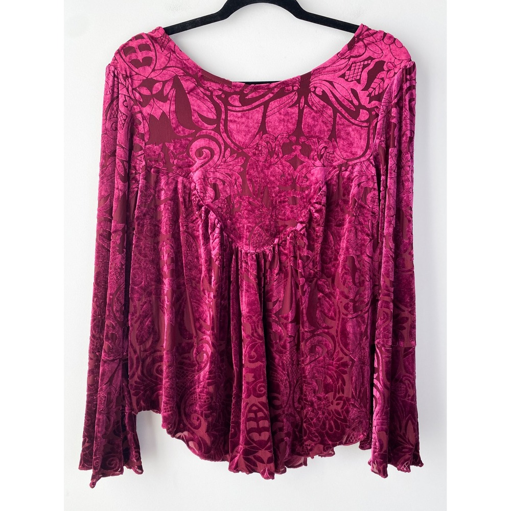 Womens Velvet Burnout Babydoll Top M Burgundy Fairy‎ Whimsigoth Bell Sleeve Y2K